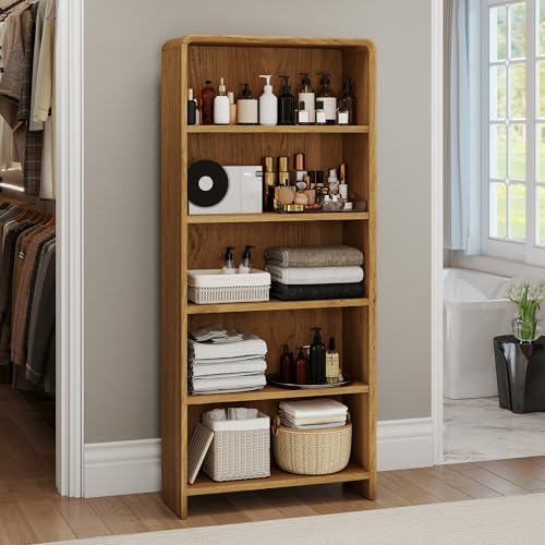 71" Tall Bookcase 5 Shelves Wood Bookshelf with Curved Soft Edges, view 8