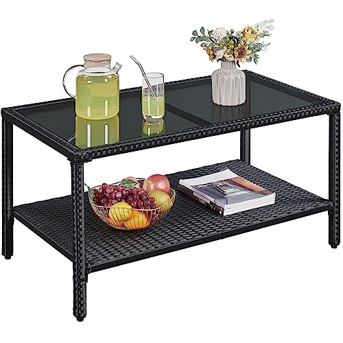 Yaheetech Outdoor Wicker Coffee Side Table with Tempered Glass Top, Black | All-Weather Rattan Patio Storage Furniture for Garden