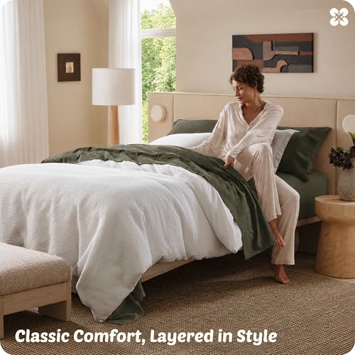 Bedsure PureWoven 3 Pieces 100% Cotton Waffle Duvet Cover Set, King, White, view 7
