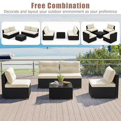 5-Piece Outdoor Patio Furniture Set, Rattan Sectional Sofa Set w/Glass-Top Coffee Table, Soft Seat & Back Cushions, Bistro Set for Garden Backyard Porch, Wicker Conversation Set (Off White)