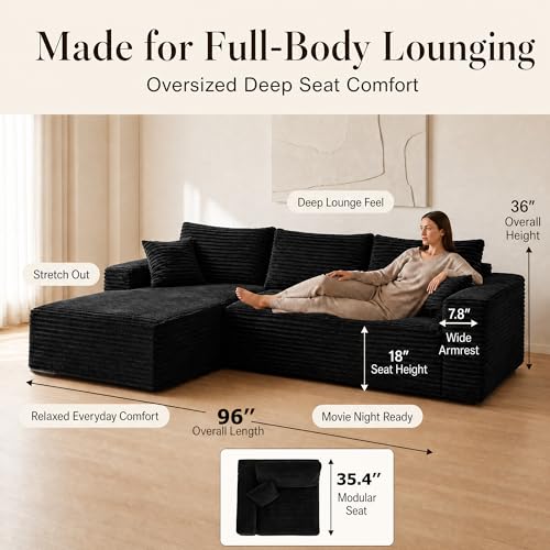 Boneless Modular Sectional Sofa, Left/Right-Facing Cloud Couch | Oversized deep seat, L-shaped design, soft corduroy fabric, ideal for living room, black.