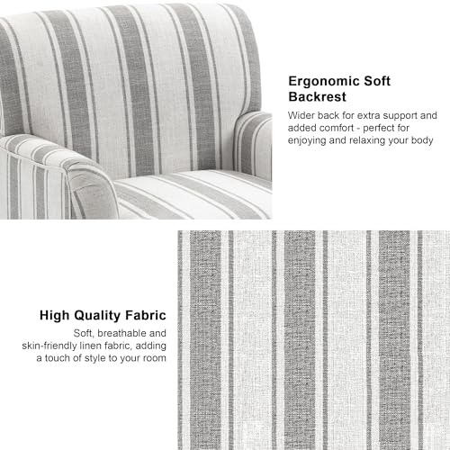 Accent Chair, Mid Century Modern Comfy Armchair for Living Room, Linen Fabric Single Sofa Lounge for Reading Bedroom Apartment Waiting Room with Wood Legs (Grey Stripe, Set of 1)
