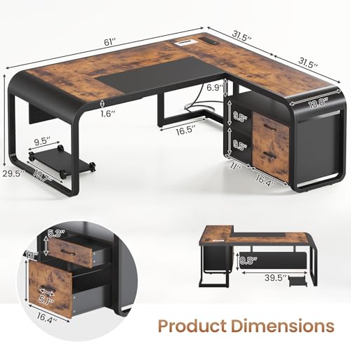 61 Inch Executive Desk, Large Office Desk with File Drawer, L Shaped Desk with Drawers, Computer Desk with Mobile CPU Stand, Storage Shelves, Power Outlets for Home Office, Rustic Brown