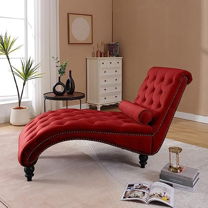 Button-Tufted Velvet Chaise Lounge Chair with Wood Legs & Toss Pillow, view 7