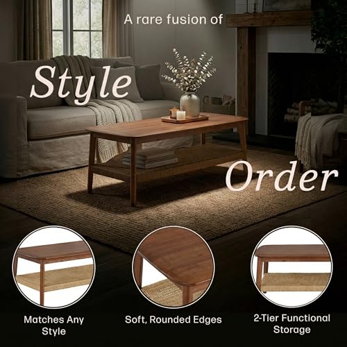Calais 48 Inch Rectangular Solid Wood Coffee Table with Woven Storage Shelf – Mid Century Modern 2-Tier Living Room Table (Chestnut)