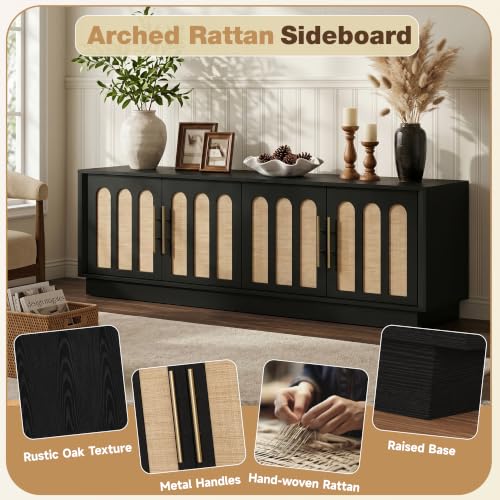 67" Arched Rattan Sideboard Buffet, 4 Door Adjustable Storage, Black, view 4
