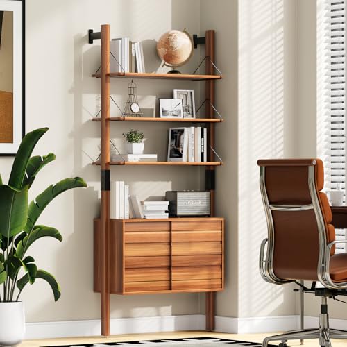6 Tier Ladder Bookshelf with Storage Cabinet for Living Room,Cherry, view 7
