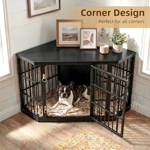 52 Inch Dog Crate Furniture Corner for Large Dogs, Black, view 5