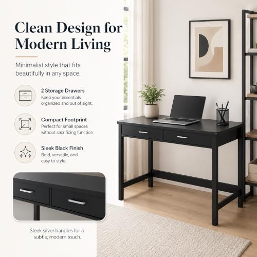 39.4" Small Desk with Wood Drawers, Home Office Computer Desk with Wooden Legs, view 4