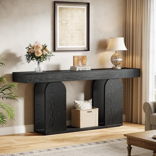 Tribesigns 70.9-Inch Extra Long Sofa Table, Farmhouse Console Tables with Wood Frame and Storage Shelf, 2-Tier Wood Table Behind Couch for Living Room, Hallway, Foyer, Black