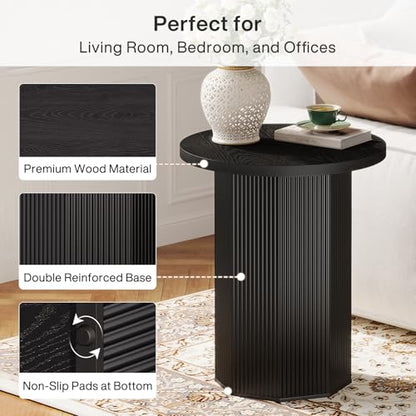 Tribesigns Round End Table, Farmhouse Pedestal Side Table, Fluted Wooden Nightstand Drink Stand for Living Room, Bedroom (1, Black)