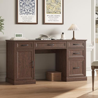 58'' Farmhouse Executive Desk with Drawers, Home Office Desk with File Drawer and Storage Cabinet, Rustic Computer Desk for Working, Studying, Writing, Brown