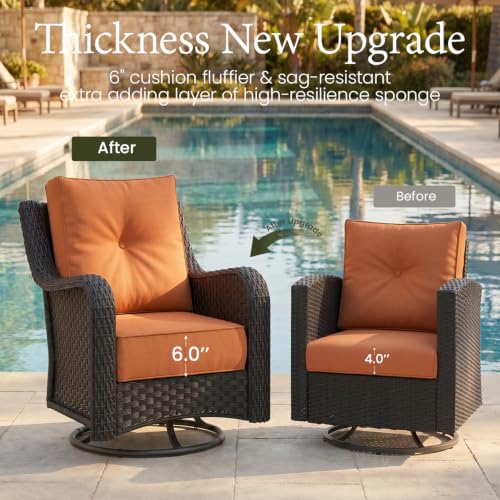 6 Piece Wicker Outdoor Furniture Set with 6-inch Comfy Cushions, High Back Patio Furniture Set with Swivel Rocking Chairs and Side Table