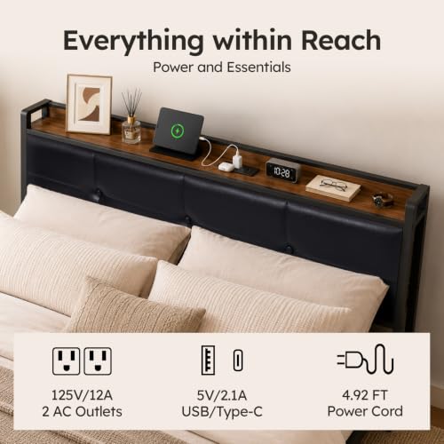 Queen Size Bed Frame with Wooden Storage Headboard & Charging Station, view 6