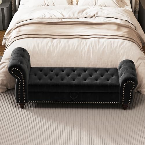 64.5" Bed Bench for Bed Room Nails Tufted Chaise of Lounge with Storage Velvet, view 5