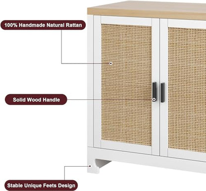 GAOMON 60" Rattan Buffet Cabinet - 4-Door Woven Storage Sideboard with Adjustable Shelves, White Farmhouse Console Table for Dining Room, Living Room & Entryway