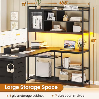 L Shaped Computer Desk, 58'' Office Desk with 3 Drawers and Bookshelf, L Shaped Corner Desk with Storage Shelves and LED Light for Home Office, Gaming Desk, L Desk, Black