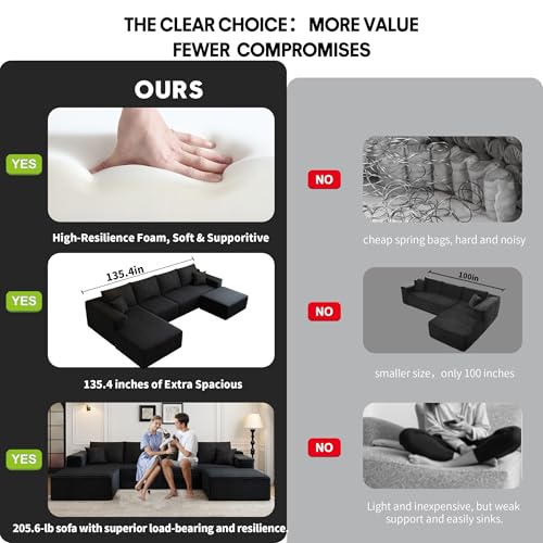 135.4" Cloud Sectional Couch with 1 Ottoman,Modern Modular Sofa with Deep Seat, Comfort U Shaped Sofa Couches for Living Room Bedroom Apartments,No Assembly Required, (Black,Left Facing Chaise)