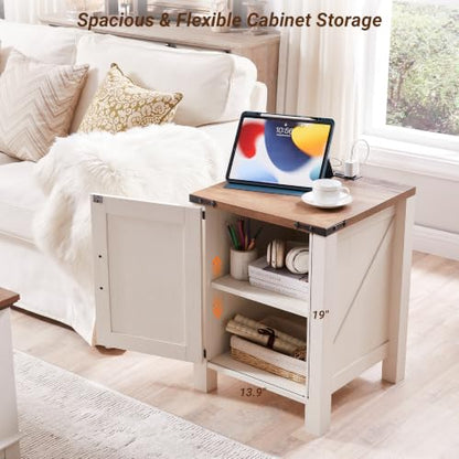 18" Farmhouse End Table Set of 2, Antique White | Rustic Nightstand, Charging Station, Barn Door, Adjustable Storage Shelf, Wood Sofa Side Table, Living Room, Bedroom