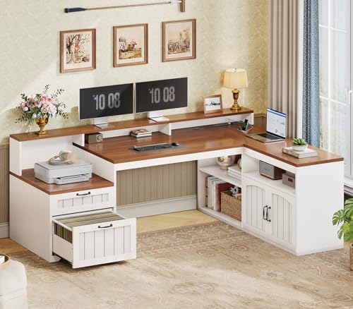 59" Farmhouse L Shaped Desk with Drawer and Storage,Walnut and White, view 2
