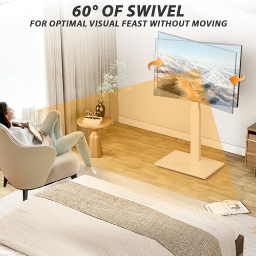 TAVR Swivel Floor TV Stand Base for 32-75 Inch TVs up to 110 lbs | Tall TV Stand for Bedroom with Height Adjustment and Tempered Glass Base for Media Storage and Space Saving, White