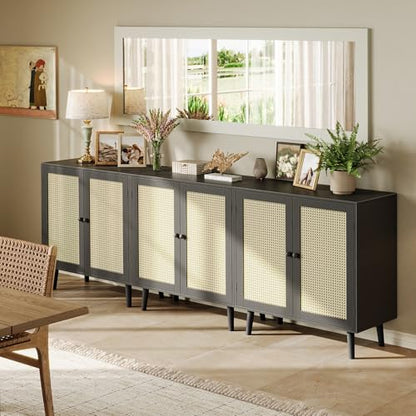 Buffet Cabinet with Storage, Storage Cabinet with Synthetic Rattan Decor Doors, Solid Wood Feet, for Hallway, Entry, Living Room, Black