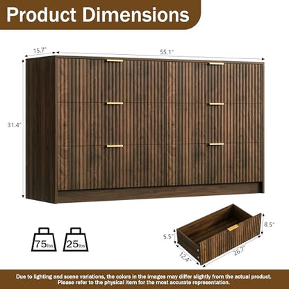 Walnut Dresser for Bedroom, Modern Dresser with 6 Drawers and Smooth Slides, view 3