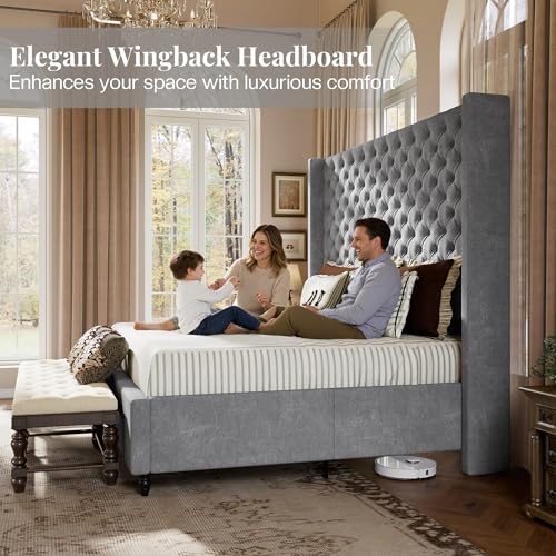 Queen Bed Frame with 63" Tall Wingback Headboard, Grey, view 5