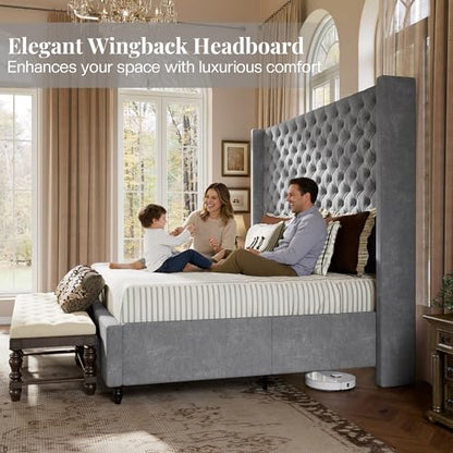 Queen Bed Frame with 63" Tall Wingback Headboard, Grey, view 5