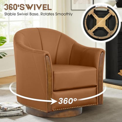 360° Swivel Accent Chair, Leather Swivel Barrel Chairs with Nailhead Trim & Wood Base, Round Armchair Club Chair, Modern Reading Chairs for Living Room (BX01, Wood Brown)
