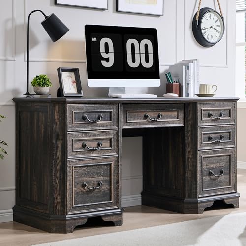 59" Farmhouse Executive Desk with Drawers, Wood Home Office Computer Desk, view 2
