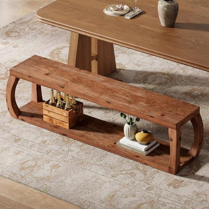 59" Long Solid Wood Dining Bench with 2-Tier Design | Farmhouse Entryway Bench with Open Shelves for Kitchen, Entry, Living Room, Bedroom, Hallway, Rustic Brown