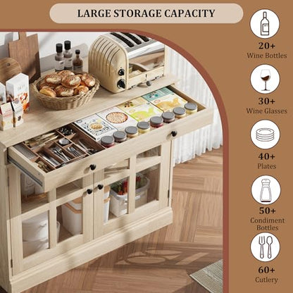 35.4 in Sideboard Buffet Cabinets with Glass Door, Buffet Cabinet with Storage, Oak Sideboard Cabinet with Drawer, Modern Buffets & Sideboards for Dining Room, Kitchen