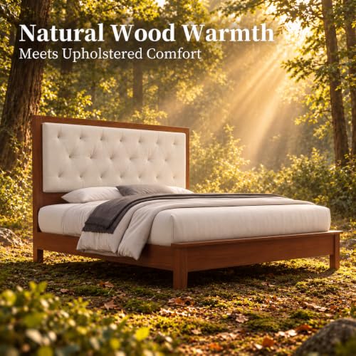 Solid Wood Queen Bed Frame with 51" Tall Upholstered Headboard, Walnut, view 5