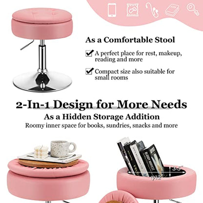 Adjustable Swivel Vanity Stool Set of 2, 360° Swivel 20"-26" Height Adjustable Tufted Round PU Leather Ottoman with Storage, Modern Accent Makeup Chair for Living Room Bedroom, Pink