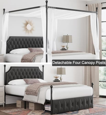 Full Upholstered Canopy Bed Frame with 2 Storage Drawers & Button Tufted, view 5