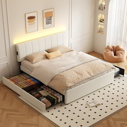 King Size Upholstered Platform Bed with 4 Storage Drawers, view 2