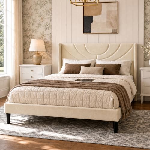 Upholstered Platform Queen Size Bed Frame with Fabric Headboard, view 4