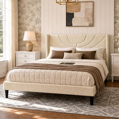 Upholstered Platform Queen Size Bed Frame with Fabric Headboard, view 4