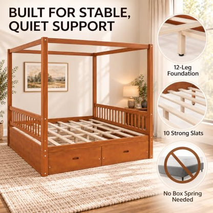 Mid Century Queen Size Wood Canopy Bed Frame, Walnut Posters Platform Beds, view 5