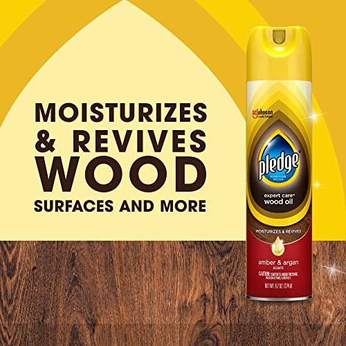 Pledge Moisturizing Wood Oil, Furniture Reviving & Protecting Conditioner and Dusting Spray, Revitalizes Wood, Sealed Leather & Laminate, Made with Mineral Oils - Amber & Argan Scent, 9.7oz, Pack of 3