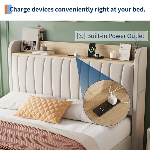 Platform Bed Frame Queen, Storage Headboard, Charging Station, Beige, view 5