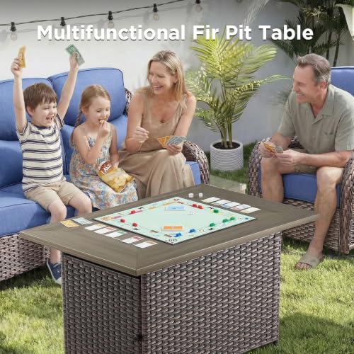 Luxury Patio Furniture Set with Fire Pit Table-6 Pieces All Weather Outdoor Swivel Rocker Chairs with Sofa and Ottomans. Outdoors Patio Conversation Sets for Porch Deck Garden Backyard(Brown/Blue)