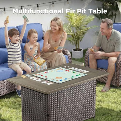 Luxury Patio Furniture Set with Fire Pit Table-6 Pieces All Weather Outdoor Swivel Rocker Chairs with Sofa and Ottomans. Outdoors Patio Conversation Sets for Porch Deck Garden Backyard(Brown/Blue)