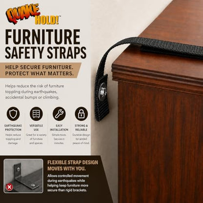 Quakehold! Furniture Strap Kit, Earthquake Fasteners for Disaster Preparedness, Child Proof Safety Straps for RV, Home Office, Helps Prevent Damage and Injury, Easy to Install, Black