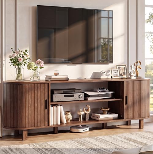 70" Mid Century TV Stand with Fluted Sliding Doors, Walnut, view 2