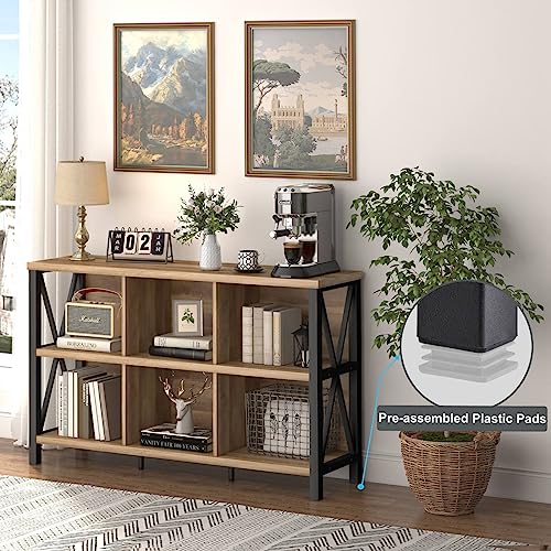 6 Cube Storage Organizer with Shelf, Long Wood and Metal Cubby Bookcase, Industrial Horizontal Bookshelf (Rustic Oak, 47 Inch)