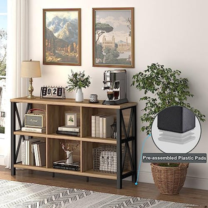 6 Cube Storage Organizer with Shelf, Long Wood and Metal Cubby Bookcase, Industrial Horizontal Bookshelf (Rustic Oak, 47 Inch)