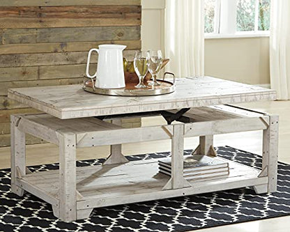 Signature Design by Ashley Fregine Farmhouse Rectangular Lift Top Coffee Table with Floor Shelf, Whitewash with Weathered Finish