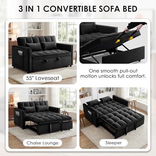 3 in 1 Convertible Sleeper Sofa Bed, 55" Pull Out Couches, Modern Loveseat Sleeper Sofa with Adjustable Reclining Backrest & Side Pockets for Living Room, Velvet Fabric, Black
